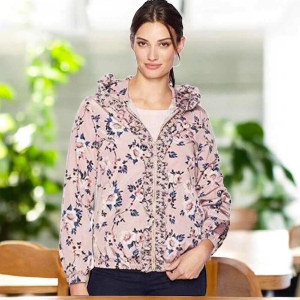 Kate Spade Prairie Rose Ruffle Jacket Floral Zip Up Hooded Lightweight Women‎ L